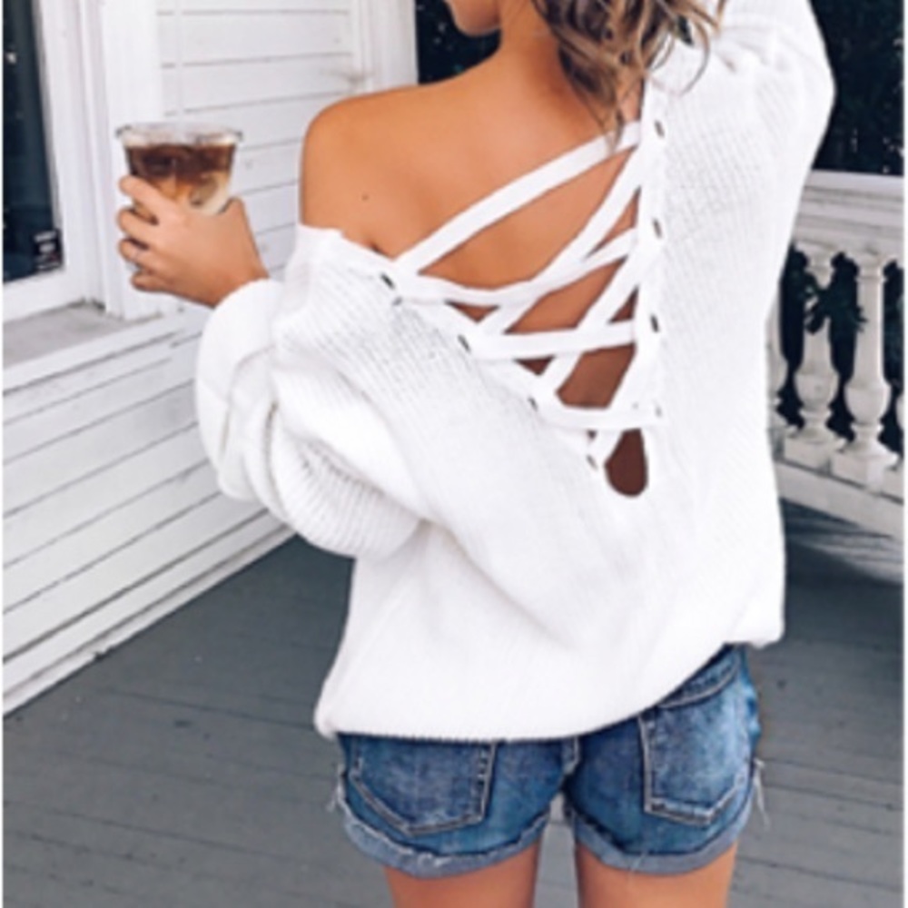 White Back-Cutout Crisscross Knit Sweater